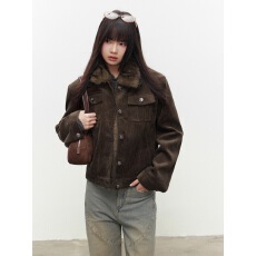 批发AUNP 复古做旧可拆卸毛领夹棉夹克女秋冬季棕绿色灯芯绒加厚外套