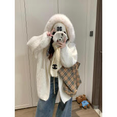 批发实拍~韩系软糯简单基础毛领连帽<b class='q'>针织</b>中<b class='q'>长款</b><b class='q'>开衫</b>