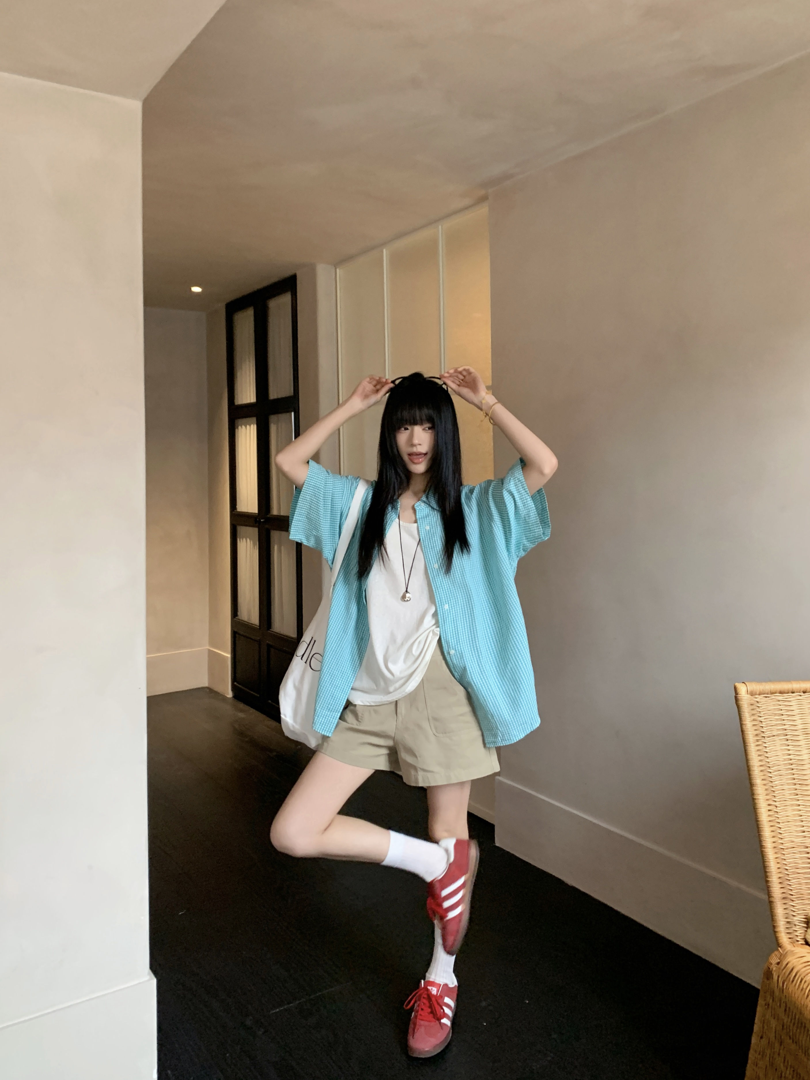실사 한 부서 체크무늬 폴로 칼라 셔츠