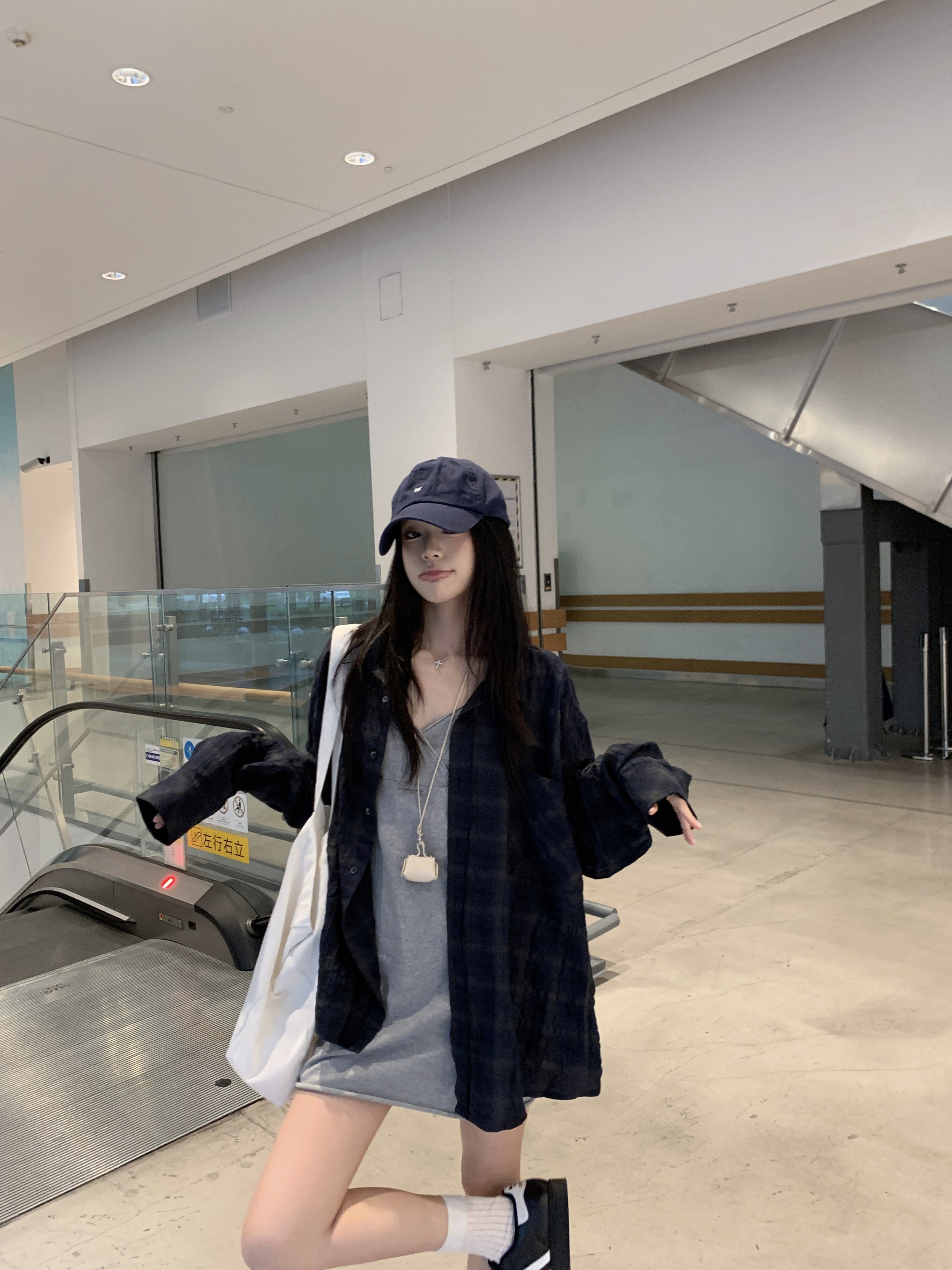 실사 oversized 캐주얼 체크무늬 느슨함 센스 셔츠 회색 슬립 드레스
