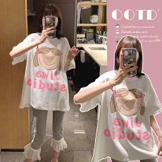 批发夏装新款时尚洋印花短袖<b class='q'>T</b><b class='q'>恤</b>+花边打珠喇叭裤<b class='q'>孕妇</b><b class='q'>套装</b>两件套