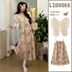 批发实拍2026新款碎花两穿吊带连衣裙+蝴蝶开衫<b class='q'>孕妇</b><b class='q'>两件套</b>