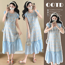 批发实拍超好看茶歇刺绣碎花蓝色夏2025新款大方得体洋气<b class='q'>孕妇</b><b class='q'>连衣裙</b>