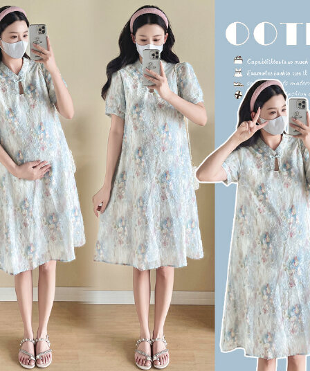 실사 드레스 임신 엄마 외출용 새로운 중식 치마 작은 키 루즈핏 여름 섹션 꽃무늬 치파오