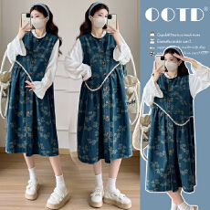 批发实拍春季碎花<b class='q'>牛仔</b>娃娃背心<b class='q'>连衣裙</b>衬衫套装日系复古减龄孕妇两件套