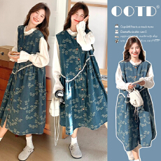 批发春季碎花牛仔娃娃背心<b class='q'>连衣裙</b>衬衫套装日系复古减龄孕妇两件套