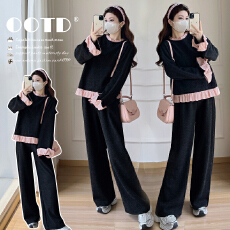 批发实拍大量韩系小香风木耳边2026新款一整套减龄阔腿裤两件套