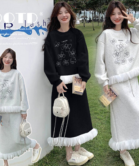 꽃잎 패치워크 캐주얼 후드티 운동 가을 2025 새로운 임산부 투피스 세트 연령 감소 슈퍼 화재