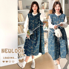 批发春季碎花牛仔娃娃背心<b class='q'>连衣裙</b>衬衫套装日系复古减龄孕妇两件套