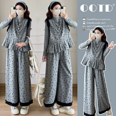 批发实拍富家千金感穿搭波点小香风套装新款马甲<b class='q'>上衣</b>阔腿裤<b class='q'>孕妇</b><b class='q'>三件套</b>