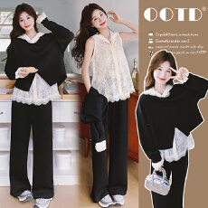 春季休闲减龄卫衣套装2026年新款蕾丝马甲阔腿裤超火孕妇三件套