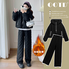 批发实拍爆款菱形格棉衣套2025冬新款时尚<b class='q'>百搭</b>洋气连帽夹棉孕妇两件套