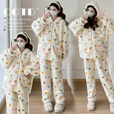 批发实拍半边绒女冬季2025新款加厚加绒珊瑚绒家居服孕妇套装冬可外穿