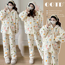 批发实拍半边绒女冬季2025新款加厚加绒珊瑚绒家居服孕妇套装冬可外穿