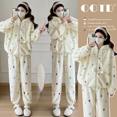 批发实拍半边绒女冬季2025新款加厚加绒珊瑚绒家居服孕妇套装冬可外穿