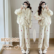 批发实拍半边绒女冬季2025新款加厚加绒珊瑚绒家居服孕妇套装冬可外穿