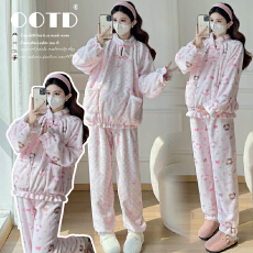 批发实拍半边绒女冬季2025新款加厚加绒珊瑚绒家居服孕妇套装冬可外穿