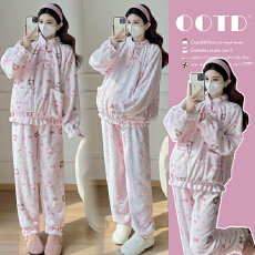 批发实拍半边绒女冬季2025新款加厚加绒珊瑚绒家居服孕妇套装冬可外穿