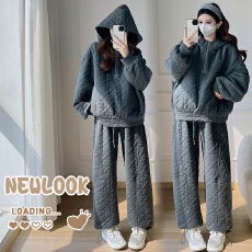 批发实拍爆款菱形格棉衣套2025冬新款时尚<b class='q'>百搭</b>洋气连帽夹棉孕妇两件套