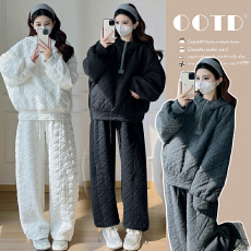 批发实拍爆款菱形格棉衣套2025冬新款时尚<b class='q'>百搭</b>洋气连帽夹棉孕妇两件套