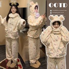 批发半边绒女冬季2025新款加厚加绒珊瑚绒家居服孕妇套装冬可外穿