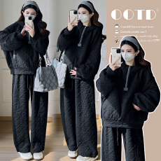 批发实拍爆款菱形格棉衣套2025冬新款时尚<b class='q'>百搭</b>洋气连帽夹棉孕妇两件套