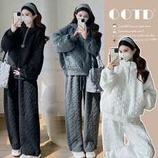 批发实拍爆款菱形格棉衣套2025冬新款时尚<b class='q'>百搭</b>洋气连帽夹棉孕妇两件套