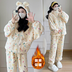 实拍半边绒女冬季2025新款加厚加绒珊瑚绒家居服孕妇套装冬可外穿