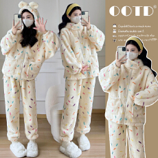 实拍半边绒女冬季2025新款加厚加绒珊瑚绒家居服孕妇套装冬可外穿