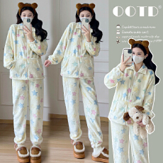 实拍半边绒女冬季2025新款加厚加绒珊瑚绒家居服孕妇套装冬可外穿