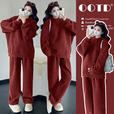 批发实拍过年红冬季加厚套彩织连帽卫衣休闲裤+马甲孕妇三件套