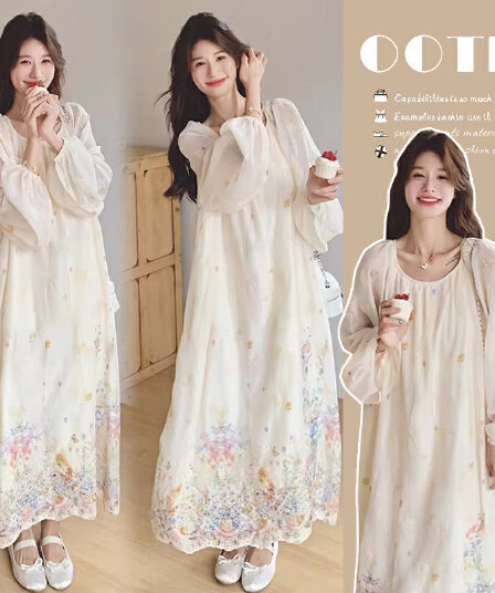 살구 색상 프랑스식 부드러운 바람 헤일로 염색 여성 드레스 202 이른 가을 새로운 임산부 아름다운 라운드 넥 품격 롱 스커트