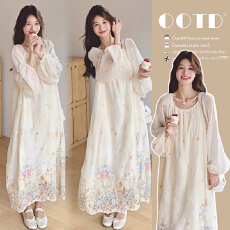 杏色法式温柔风晕染连衣裙女2026春季新款孕妇绝美圆领气质长裙