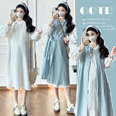 批发实拍~孕妇早秋新款法式气质白色<b class='q'>百搭</b>衬衣+宽松系带背心两件套