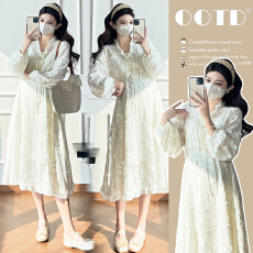 批发实拍杏色法式温柔风连衣裙女2026春季新款孕妇绝美气质<b class='q'>长裙</b>两件套