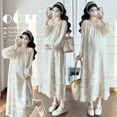 实拍杏色法式温柔风晕染连衣裙女2026春季新款孕妇绝美气质长裙