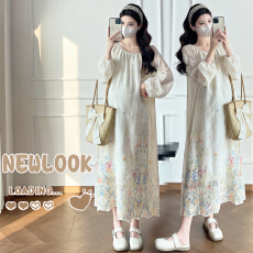 实拍杏色法式温柔风晕染连衣裙女2026春季新款孕妇绝美气质长裙