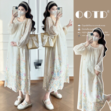 实拍杏色法式温柔风晕染连衣裙女2026春季新款孕妇绝美气质长裙