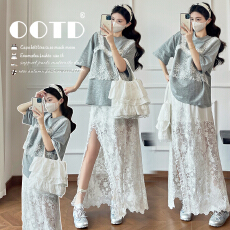 批发实拍夏季新款短袖T恤+蕾丝半身裙孕妇<b class='q'>两件</b>套