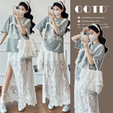 批发实拍夏季新款短袖T恤+蕾丝半身裙孕妇<b class='q'>两件</b>套