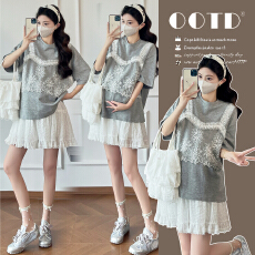 批发实拍夏季新款短袖T恤+花边半身裙孕妇<b class='q'>两件</b>套