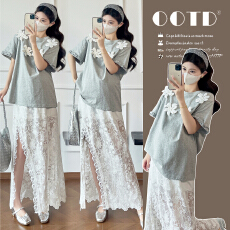 批发实拍夏季新款短袖T恤+<b class='q'>蕾丝</b><b class='q'>半身裙</b>孕妇两件套