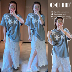 批发实拍夏季新款短袖T恤+<b class='q'>蕾丝</b><b class='q'>半身裙</b>孕妇两件套