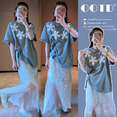 批发夏季新款短袖T恤+<b class='q'>蕾丝</b><b class='q'>半身裙</b>孕妇两件套