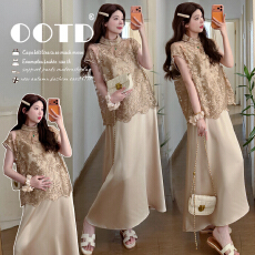 实拍优雅气质秀花罩衫连衣裙夏新款显瘦缎面吊带裙孕妇两件套