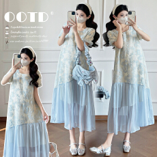 批发实拍蓝色蕾丝刺绣印花绝美泡泡袖长裙新款超仙浪漫法式孕妇连衣裙