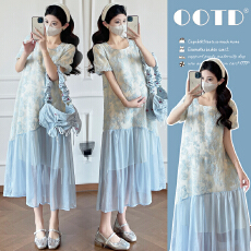 批发实拍蓝色蕾丝刺绣印花绝美泡泡袖长裙新款超仙浪漫法式孕妇连衣裙