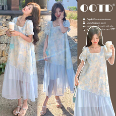 批发蓝色蕾丝刺绣印花绝美泡泡袖长裙新款超仙浪漫法式孕妇连衣裙