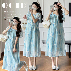 实拍法式夏季轻奢高级感减龄宽松显瘦超好看刺绣孕妇长裙