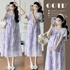 实拍法式夏季轻奢高级感减龄宽松显瘦超好看刺绣孕妇长裙